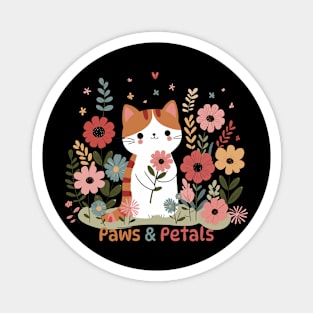 Paws and Petals | Cute Kawaii Kitty Cat with Flowers | Kitty Cat Lover Design Magnet